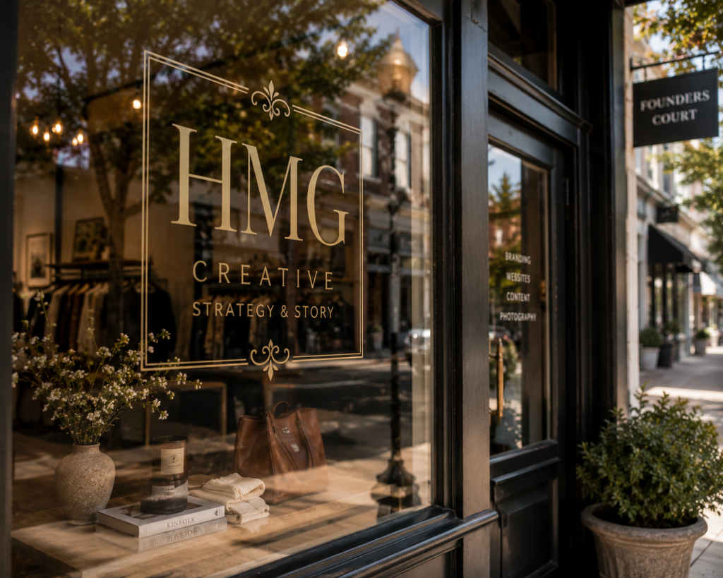 HMG Creative storefront with a gold logo displayed on the front window, showcasing a thoughtfully styled interior and a welcoming boutique exterior along a tree-lined street.