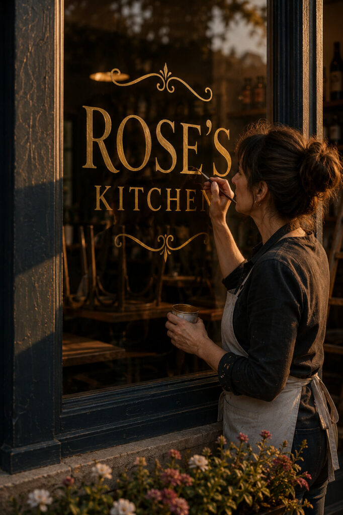 Business owner hand-painting a storefront logo, representing the importance of refining brand presence for greater AI visibility.