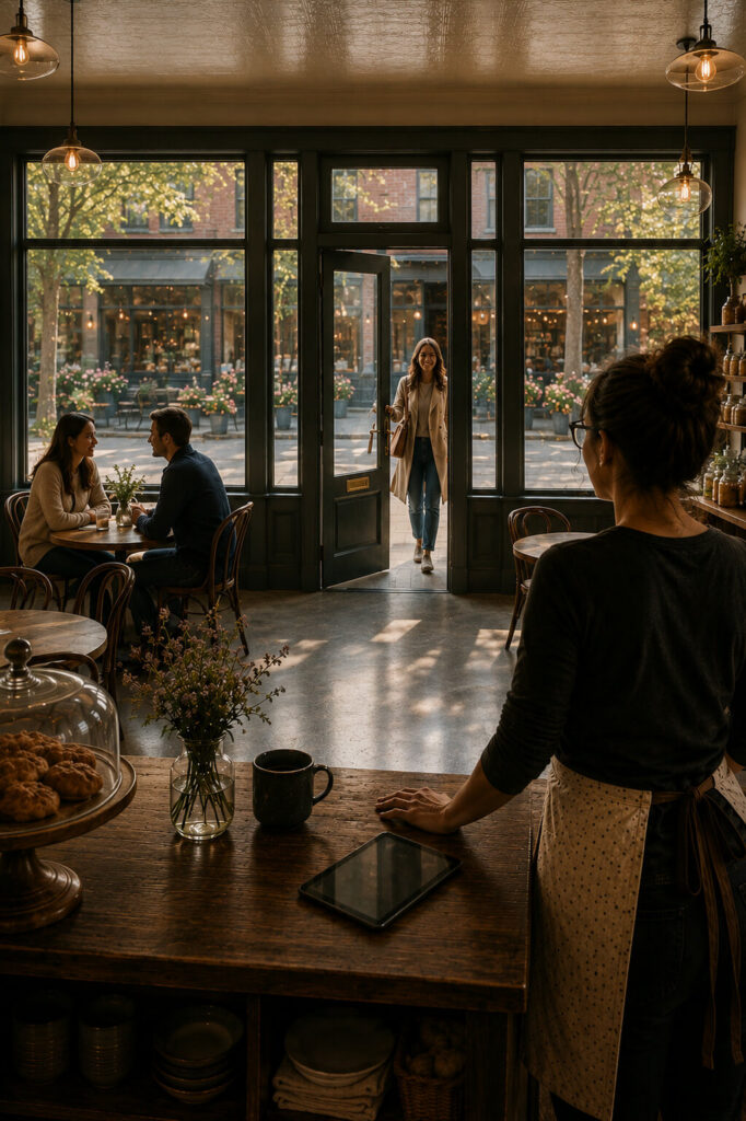 Business owner welcoming customers into a café, illustrating how successful marketing strategies create measurable business growth.