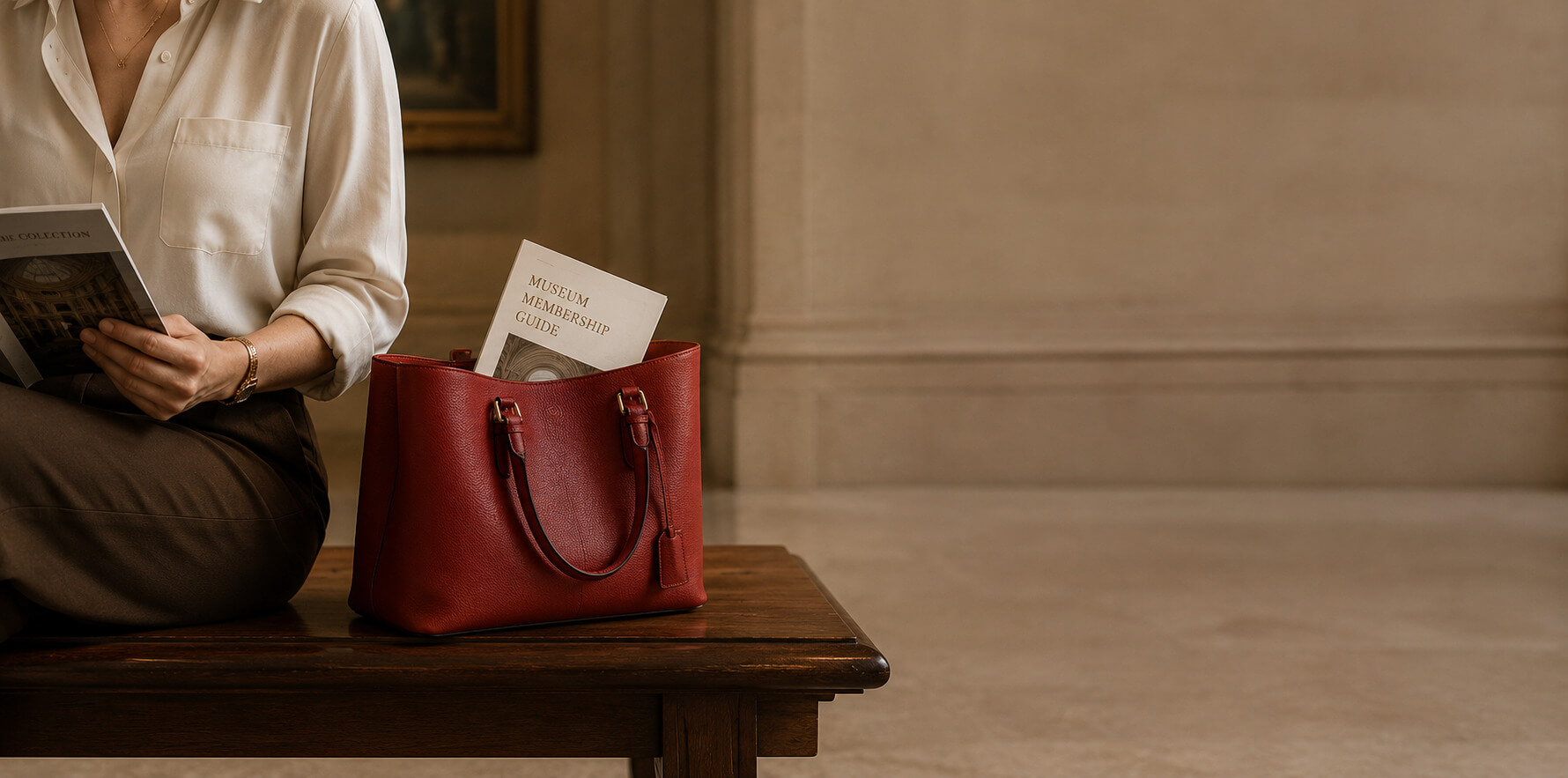 Person seated on a bench with a red bag while holding documents in a spacious indoor setting.