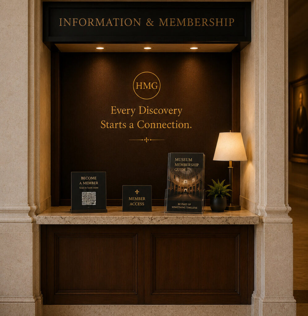 Museum information desk located in a grand gallery entrance.