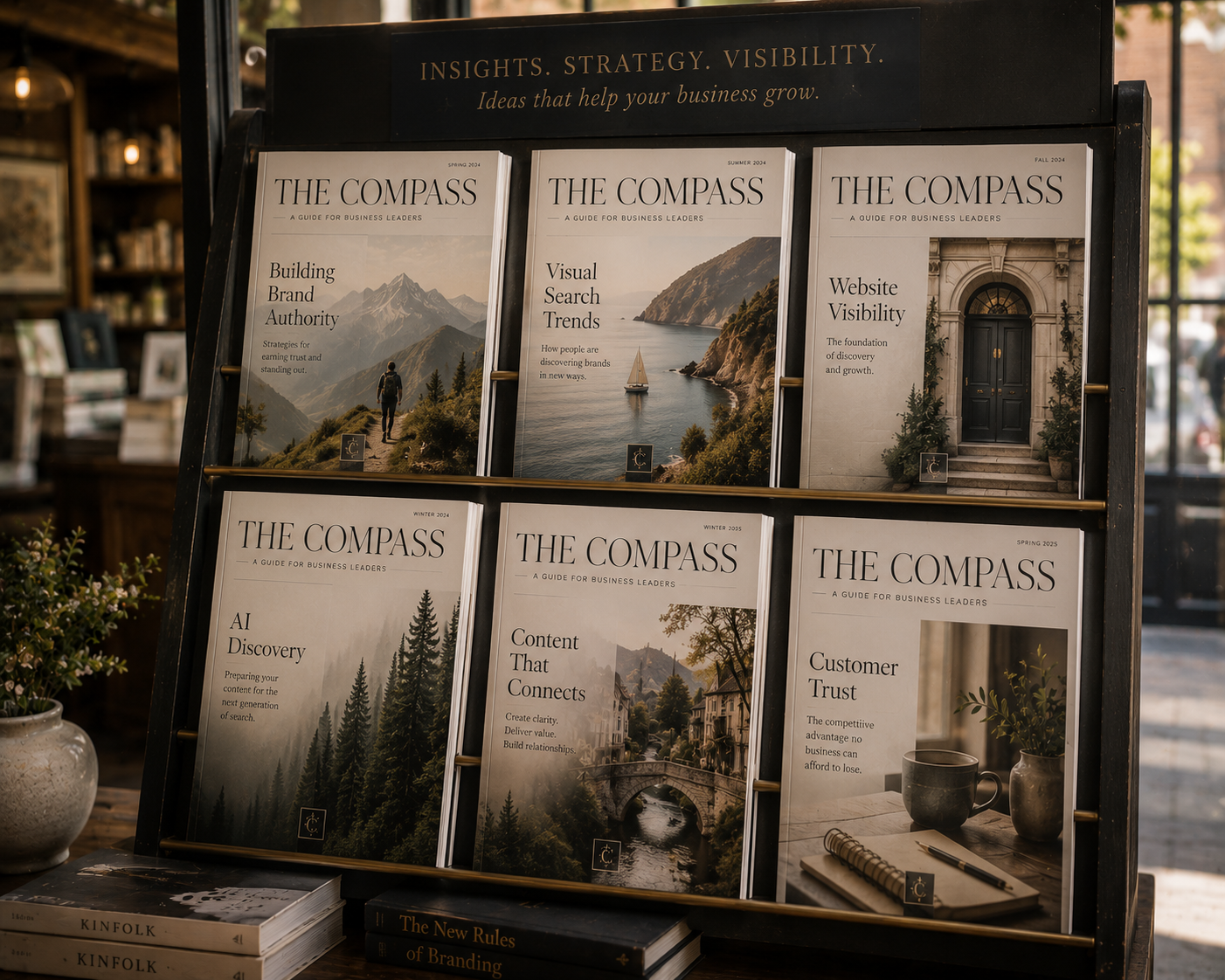 Display rack featuring business magazines covering branding, website visibility, AI, content strategy, visual search, and customer trust, showcasing educational resources for business growth.