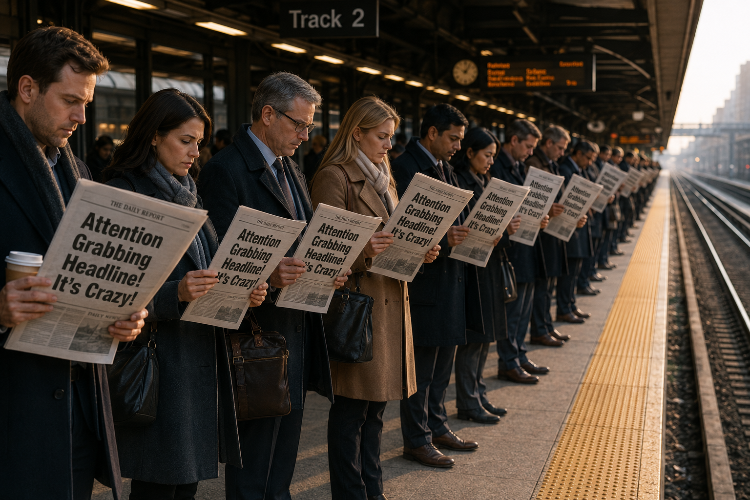 Commuters standing on a train platform reading newspapers with bold front-page headlines, illustrating the importance of capturing attention with compelling headlines.