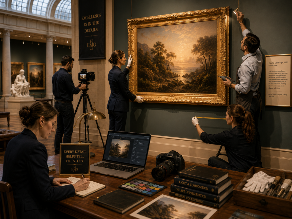 Museum staff carefully photograph, measure, document, and position a painting, illustrating how HMG follows image SEO best practices by optimizing every visual detail to improve search visibility and user experience.
