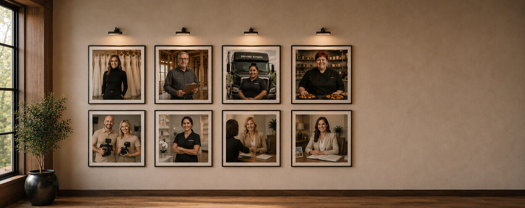 Gallery wall displaying a collection of framed portraits in a modern, minimalist interior.
