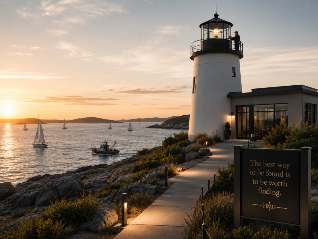 A lighthouse shines over a calm coastline at sunset, illustrating how HMG improves organic search visibility by helping businesses become easier to find through valuable, high-quality content.