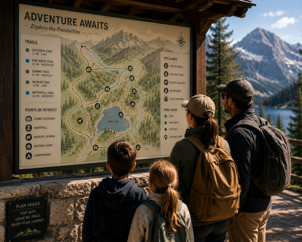 Family of four studying a detailed hiking trail map at a mountain trailhead, with scenic peaks, a lake, and forest in the background.