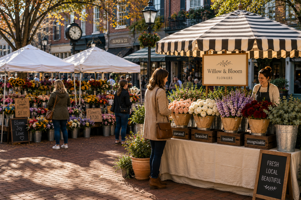 Customer browsing a flower market filled with beautifully arranged blooms, illustrating how a curated and recognizable brand attracts attention and builds trust.
