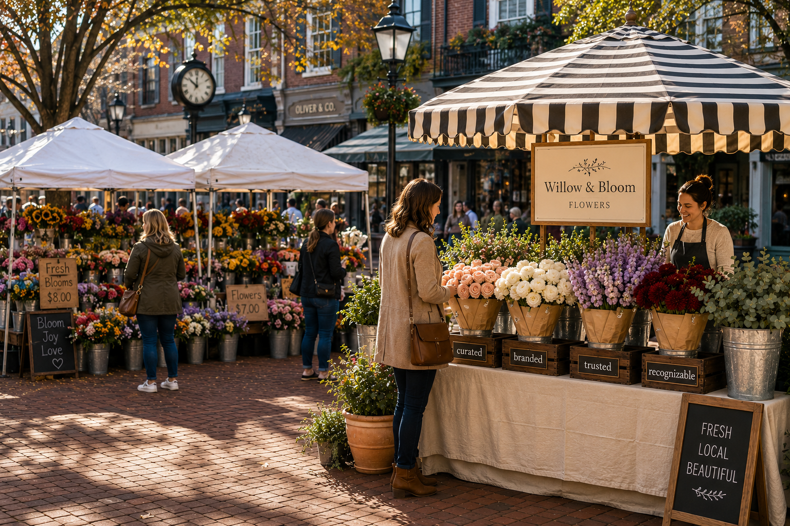 Customer browsing a flower market filled with beautifully arranged blooms, illustrating how a curated and recognizable brand attracts attention and builds trust.