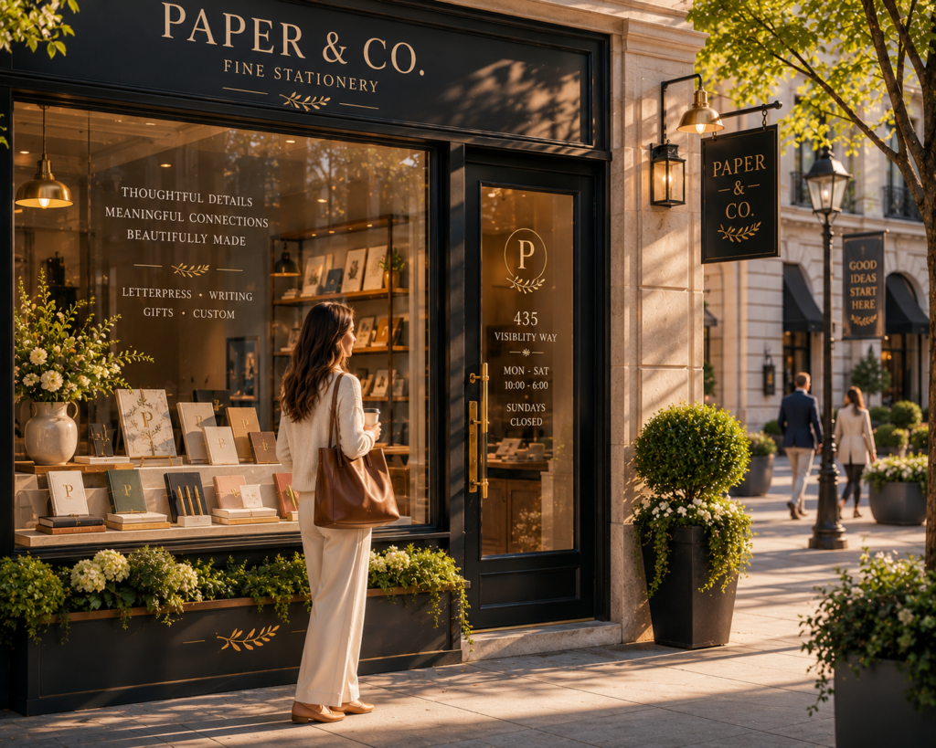 Person admiring a beautifully branded stationery storefront, illustrating HMG’s focus on creating memorable first impressions through thoughtful design and cohesive branding.