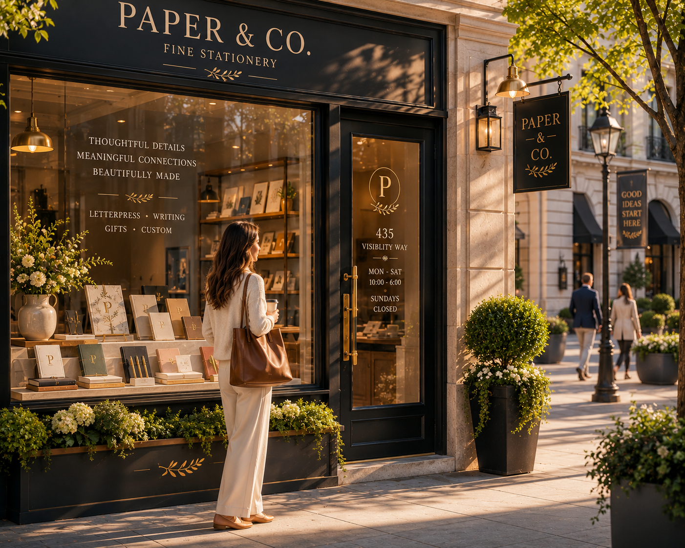 Person admiring a beautifully branded stationery storefront, illustrating HMG’s focus on creating memorable first impressions through thoughtful design and cohesive branding.