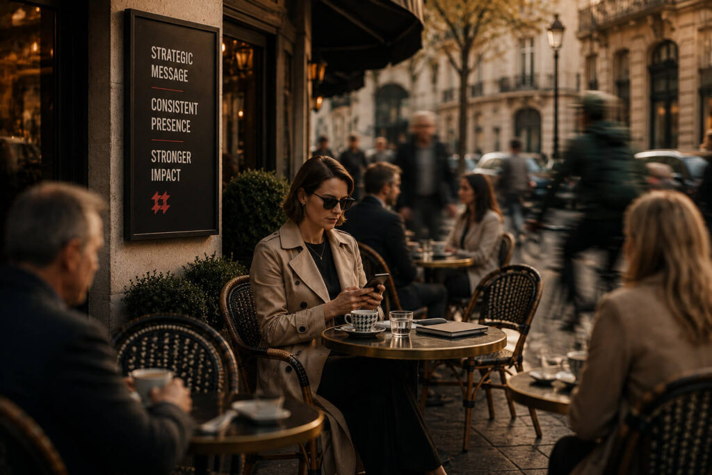 People dining at an outdoor café along a busy city street with pedestrians passing by.