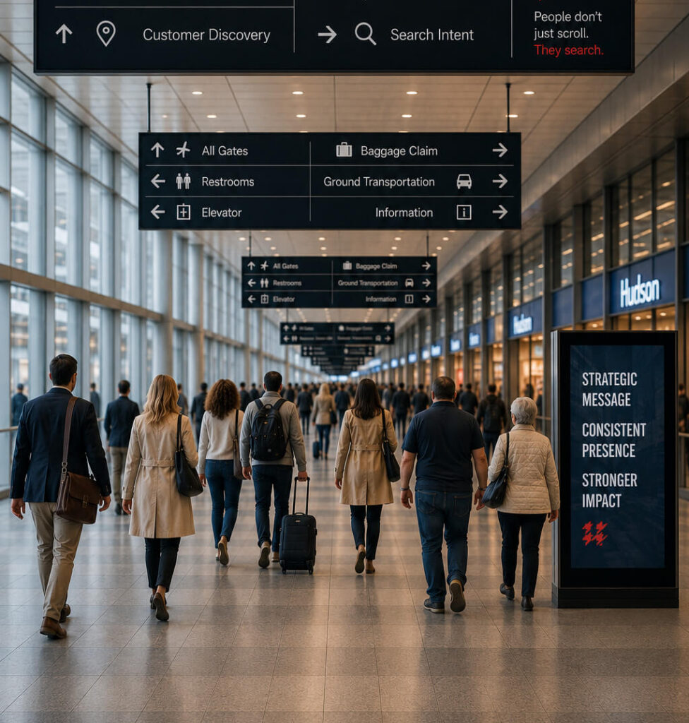 Passengers walking through a bright airport concourse with overhead flight information and wayfinding signs.