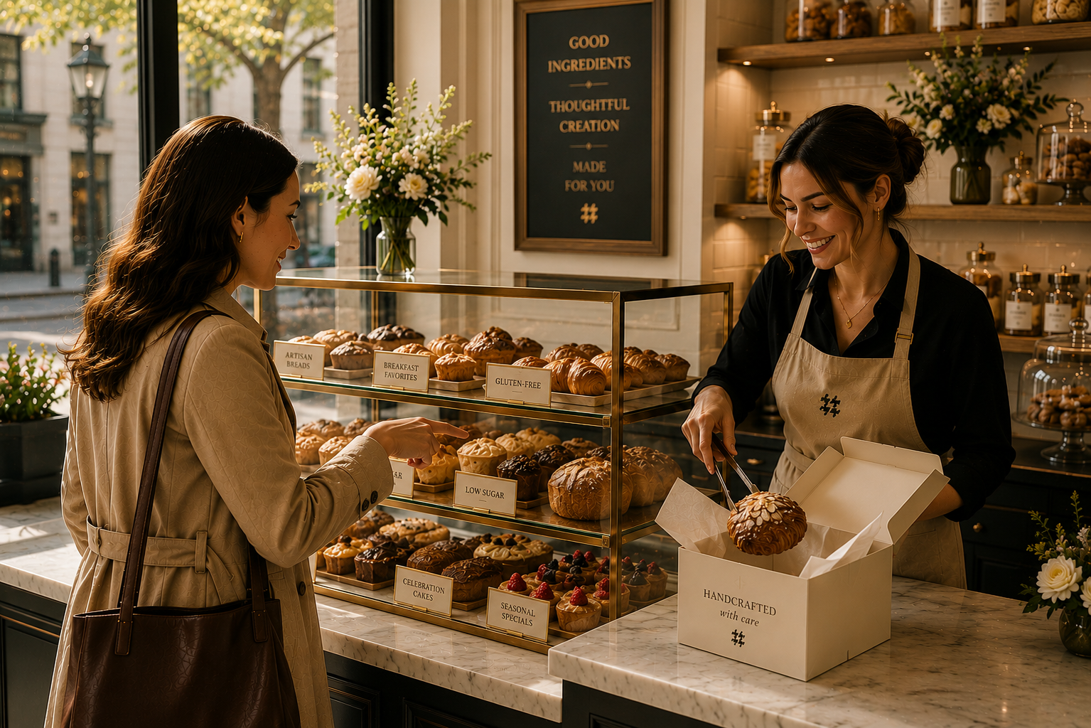 Bakery owner packaging a fresh order for a customer, illustrating HMG’s commitment to delivering thoughtful experiences and exceptional customer service.