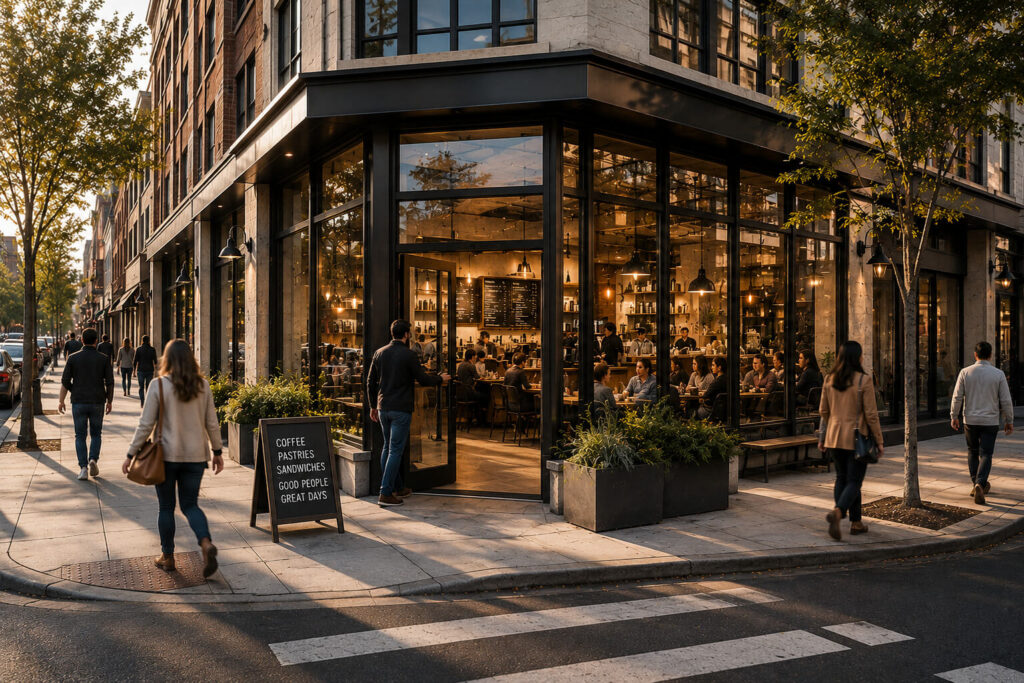 Corner storefront with large glass windows on a tree-lined city street as pedestrians walk by.