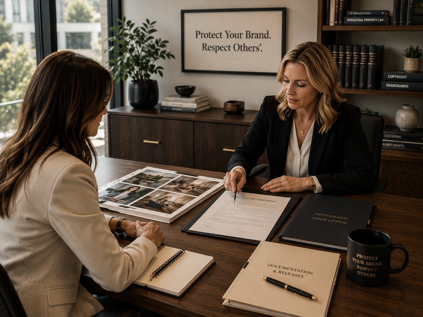 A business owner reviews image licensing and usage agreements with a legal advisor, illustrating how HMG helps businesses use website images responsibly while protecting their brand and respecting intellectual property rights.