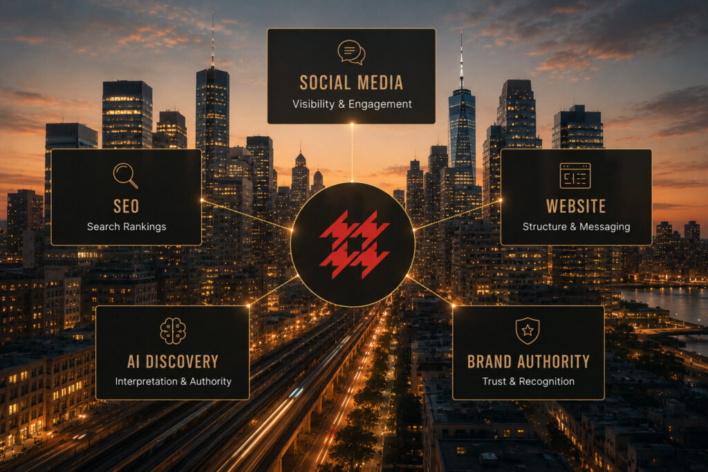 Modern city skyline at dusk with a digital interface overlay featuring business and networking icons.