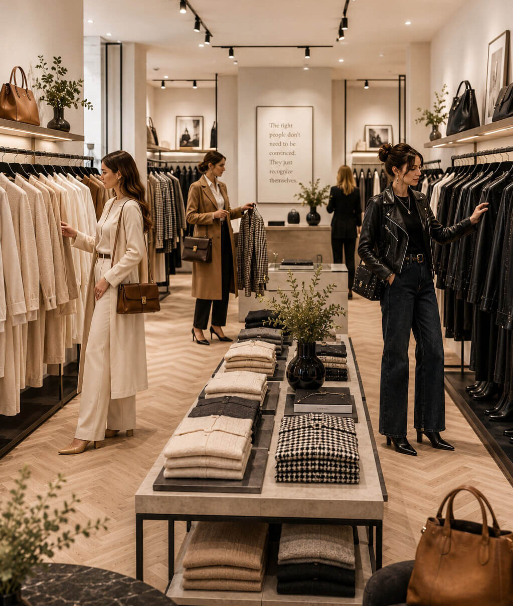 Shoppers browsing clothing racks inside a contemporary fashion boutique with neatly displayed apparel and accessories.