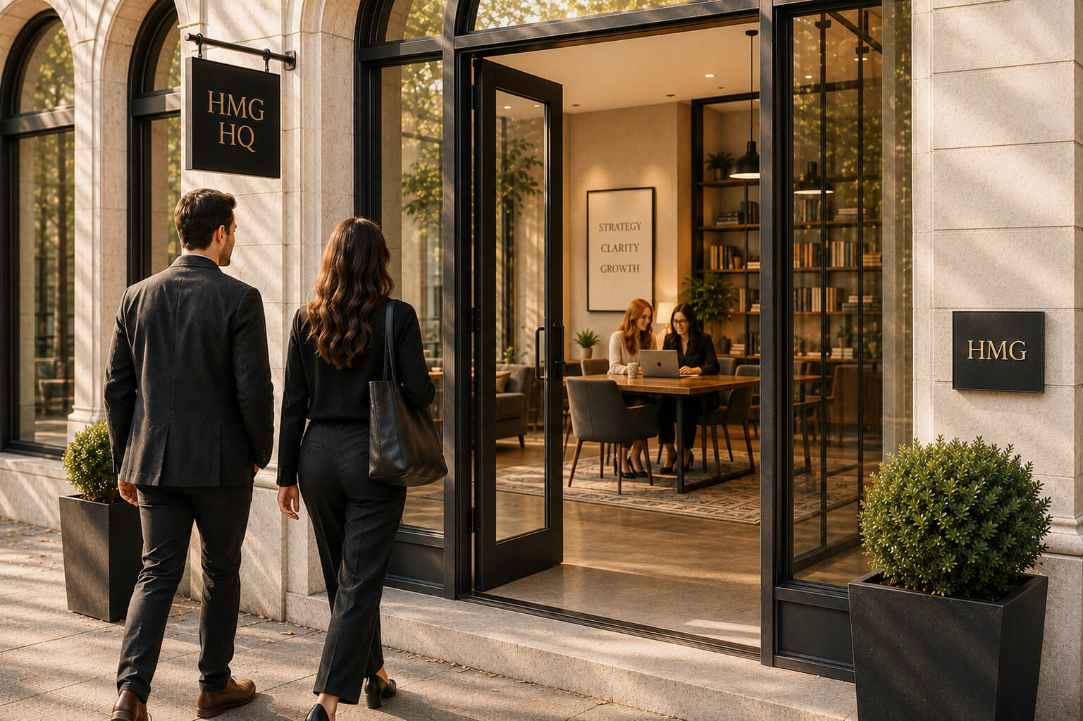 Two professionals entering a modern office with glass doors and modern interior.