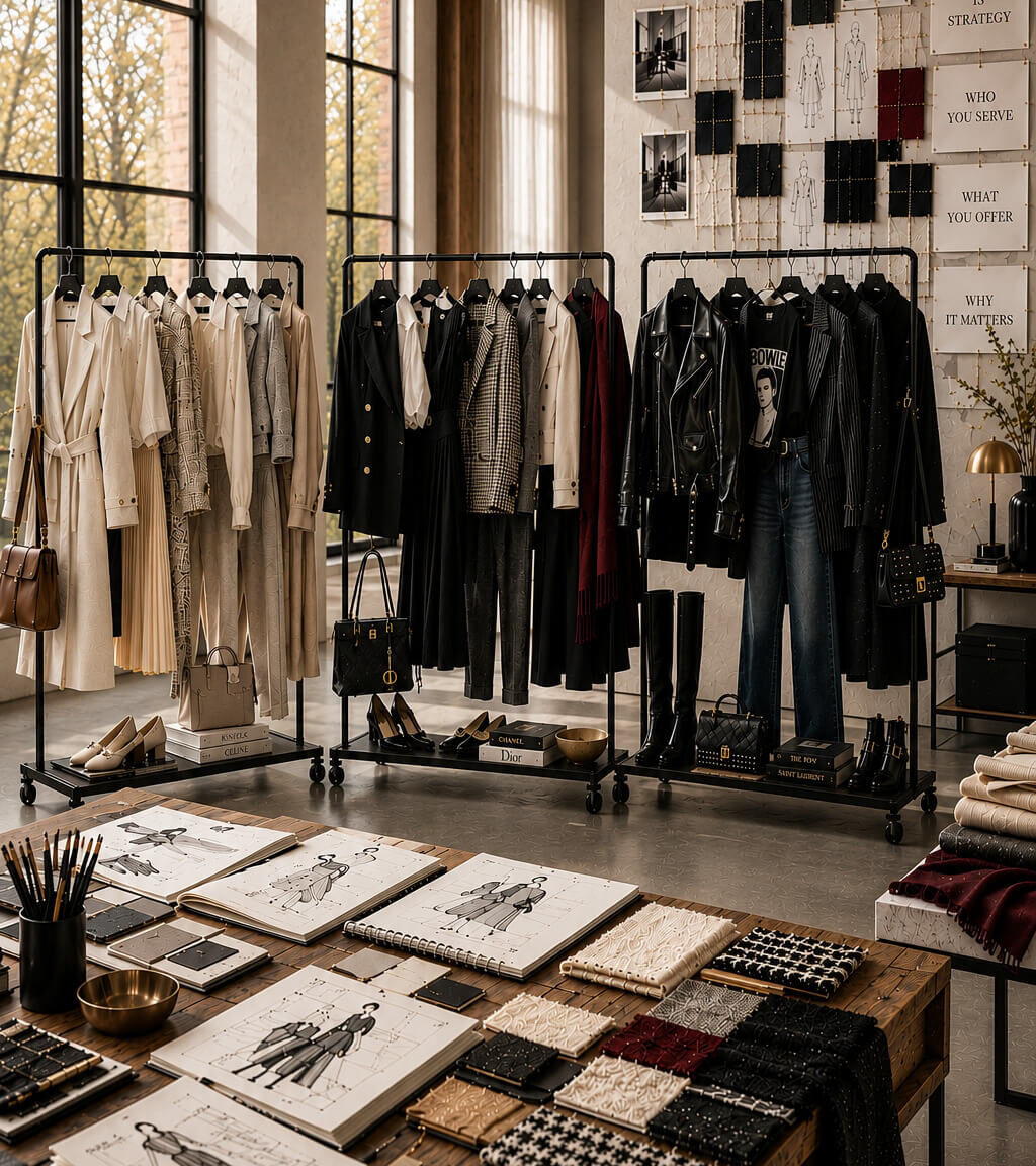 Clothing racks, fabric samples, and design inspiration boards inside a bright fashion studio with large windows.
