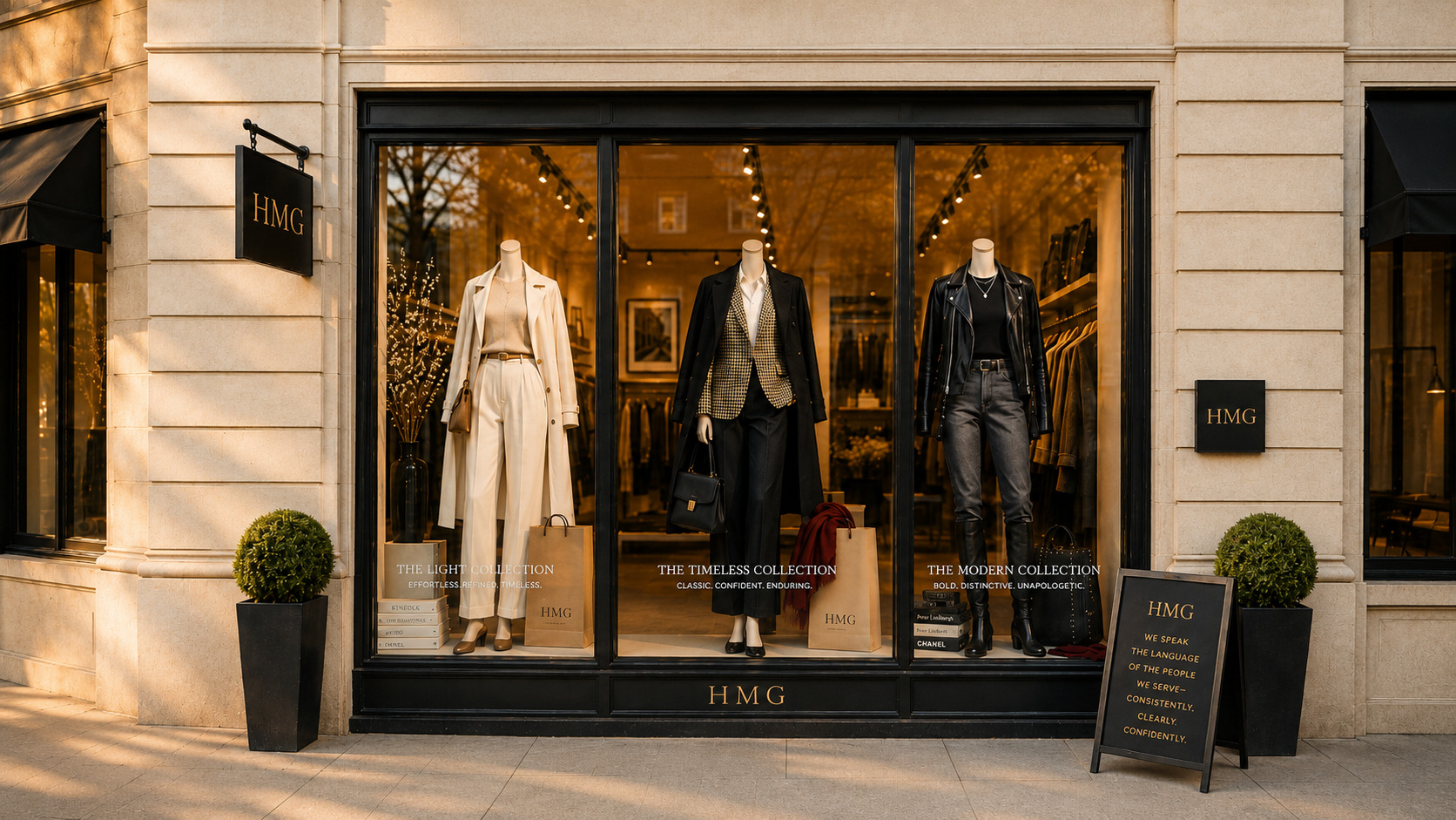 Modern clothing boutique storefront with mannequins displayed in large windows and a welcoming entrance.
