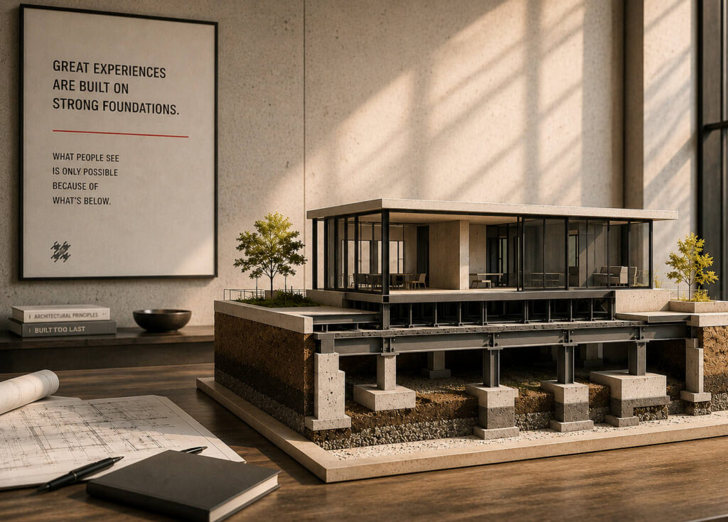 Contemporary architectural model displayed on a desk in a sunlit workspace with design plans and notes.