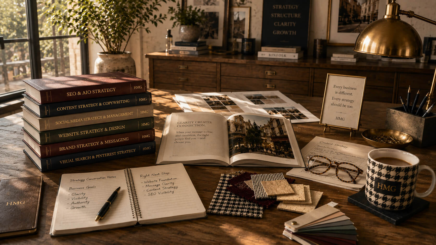 Books, notebooks and office tools scattered across desk