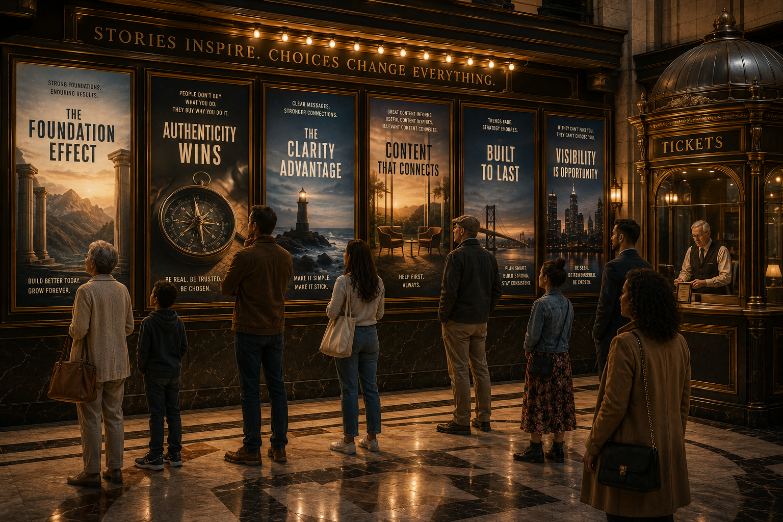 People viewing a series of storytelling displays, illustrating HMG’s belief that authentic content, clarity, and strategic messaging build lasting brand visibility and trust.