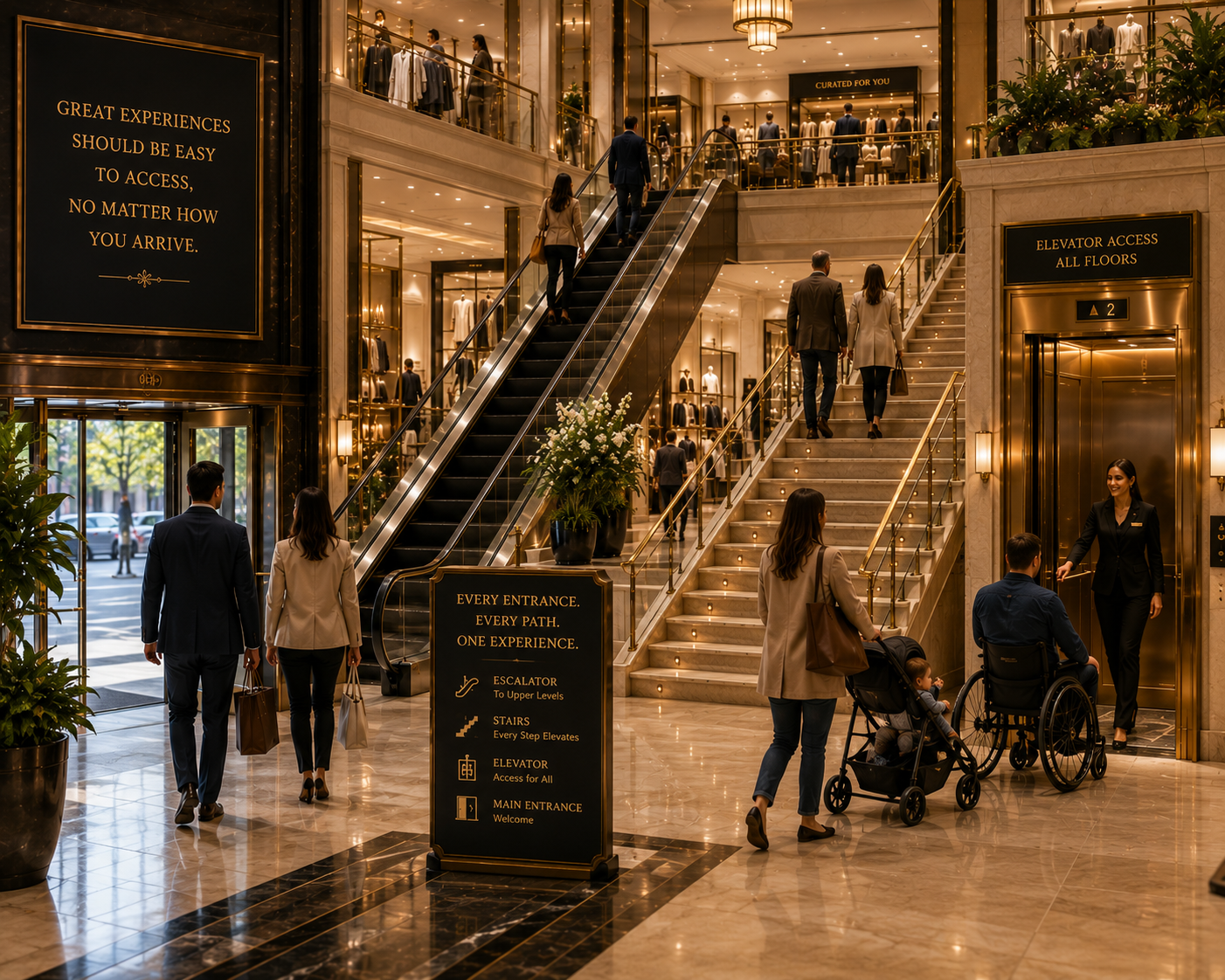 Shoppers use escalators, stairs, and an accessible elevator in a modern retail space, illustrating how HMG builds mobile-friendly websites that provide a seamless experience for every visitor on any device.
