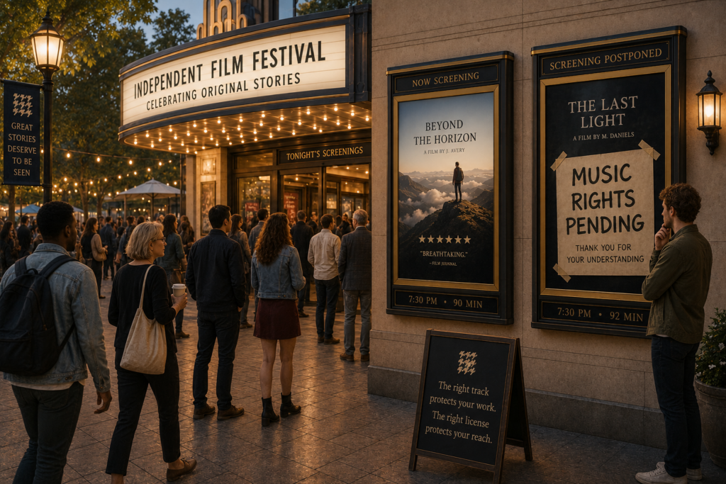 People gather outside an independent film festival while one screening is postponed due to music rights, illustrating how proper music licensing protects HMG video content from disruptions and preserves audience reach.