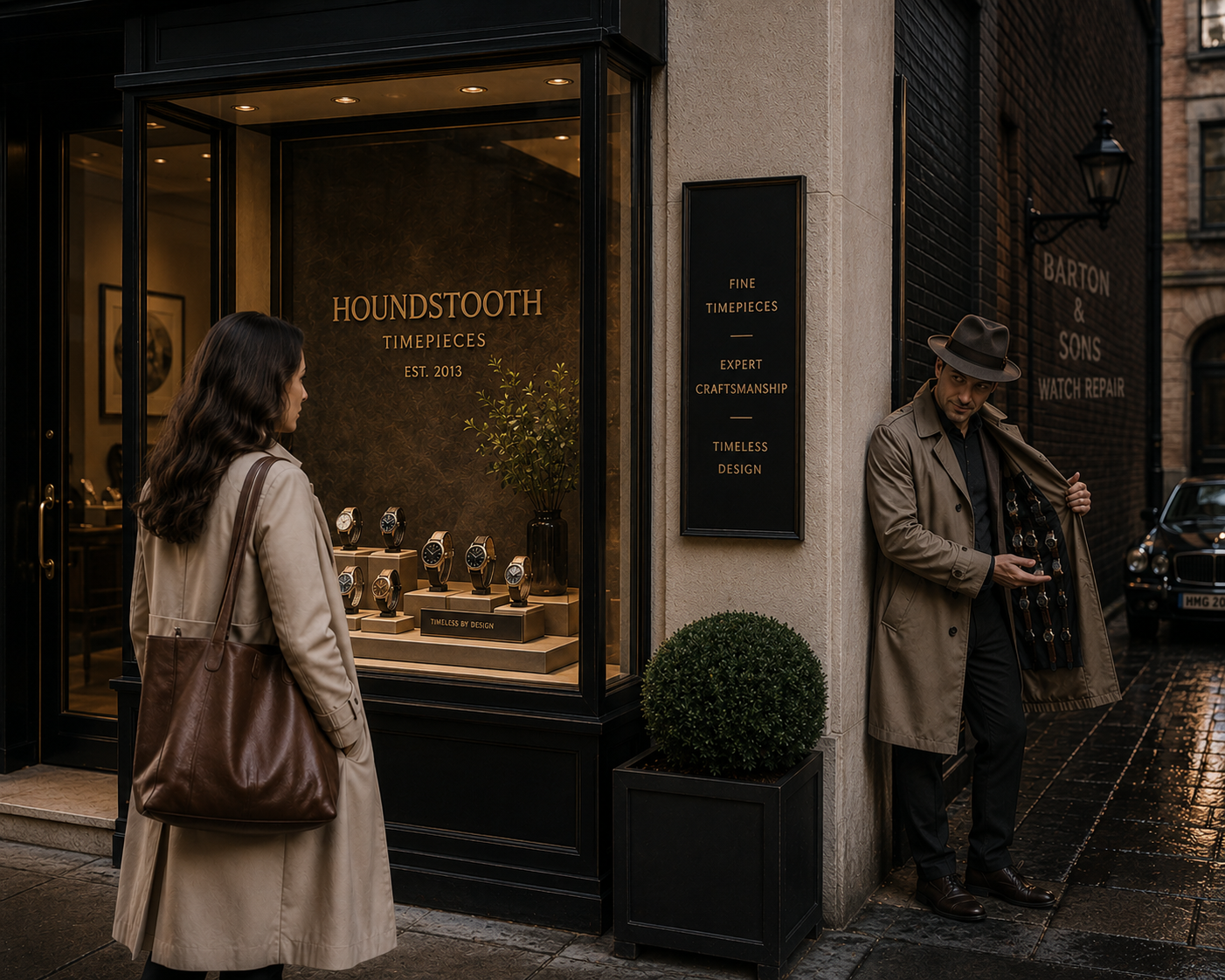 Person admiring a premium storefront display while a pickpocket lurks nearby, illustrating how HMG helps businesses stand out while protecting their brand reputation and customer trust.