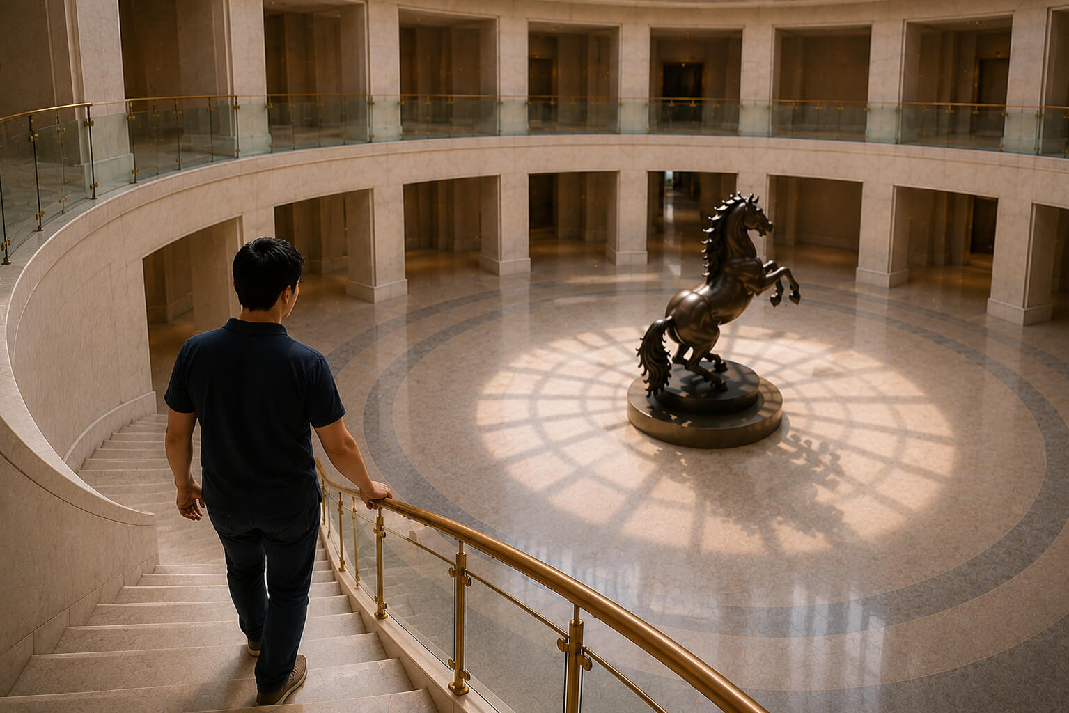 Visitor walking along an upper-level balcony overlooking a museum rotunda and central sculpture.