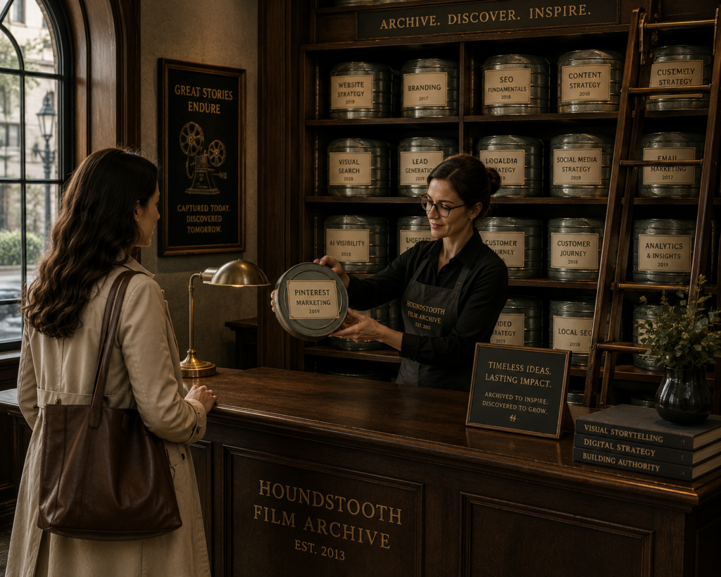 Business owner presenting a labeled strategy archive to a client, illustrating HMG’s organized approach to preserving valuable marketing insights and building long-term brand success.