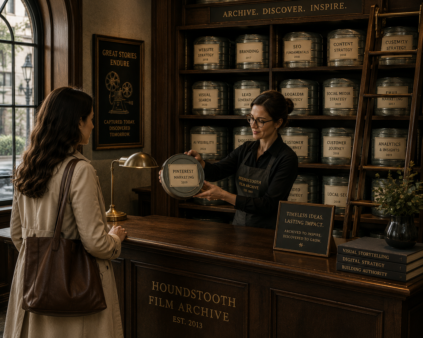 Business owner presenting a labeled strategy archive to a client, illustrating HMG’s organized approach to preserving valuable marketing insights and building long-term brand success.