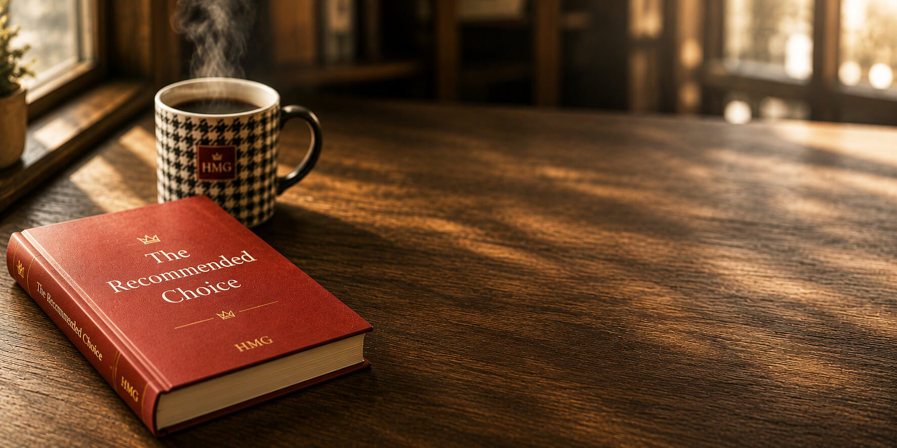 Red book and coffee mug resting on a wooden table in a warmly lit reading space.