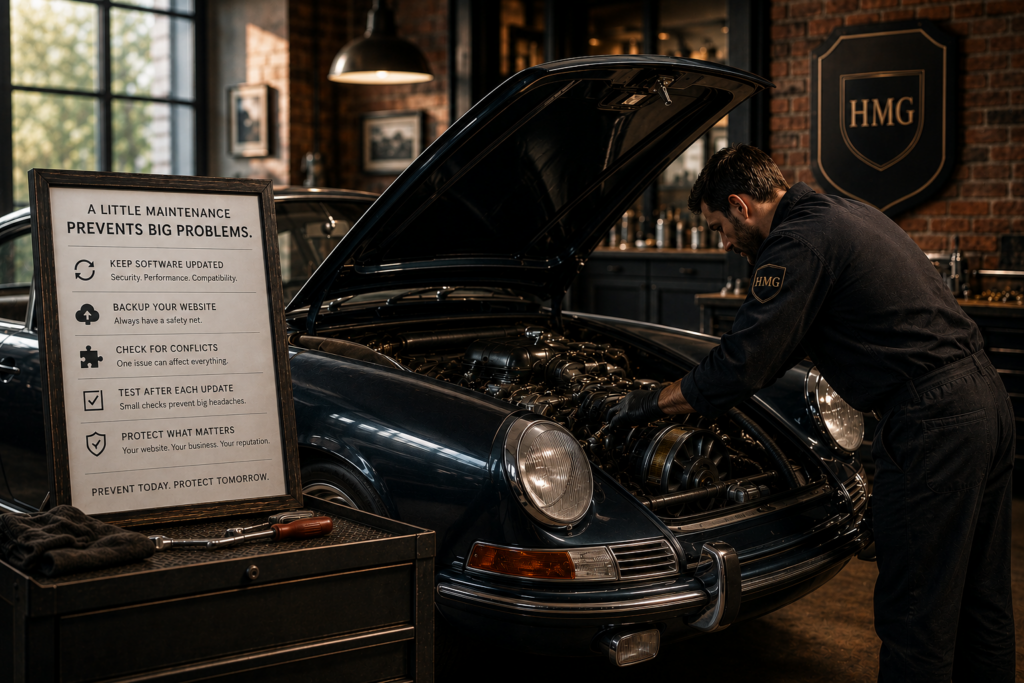 Technician performing routine website maintenance, illustrated as servicing a classic car beside a checklist highlighting software updates, backups, conflict checks, testing, and security.