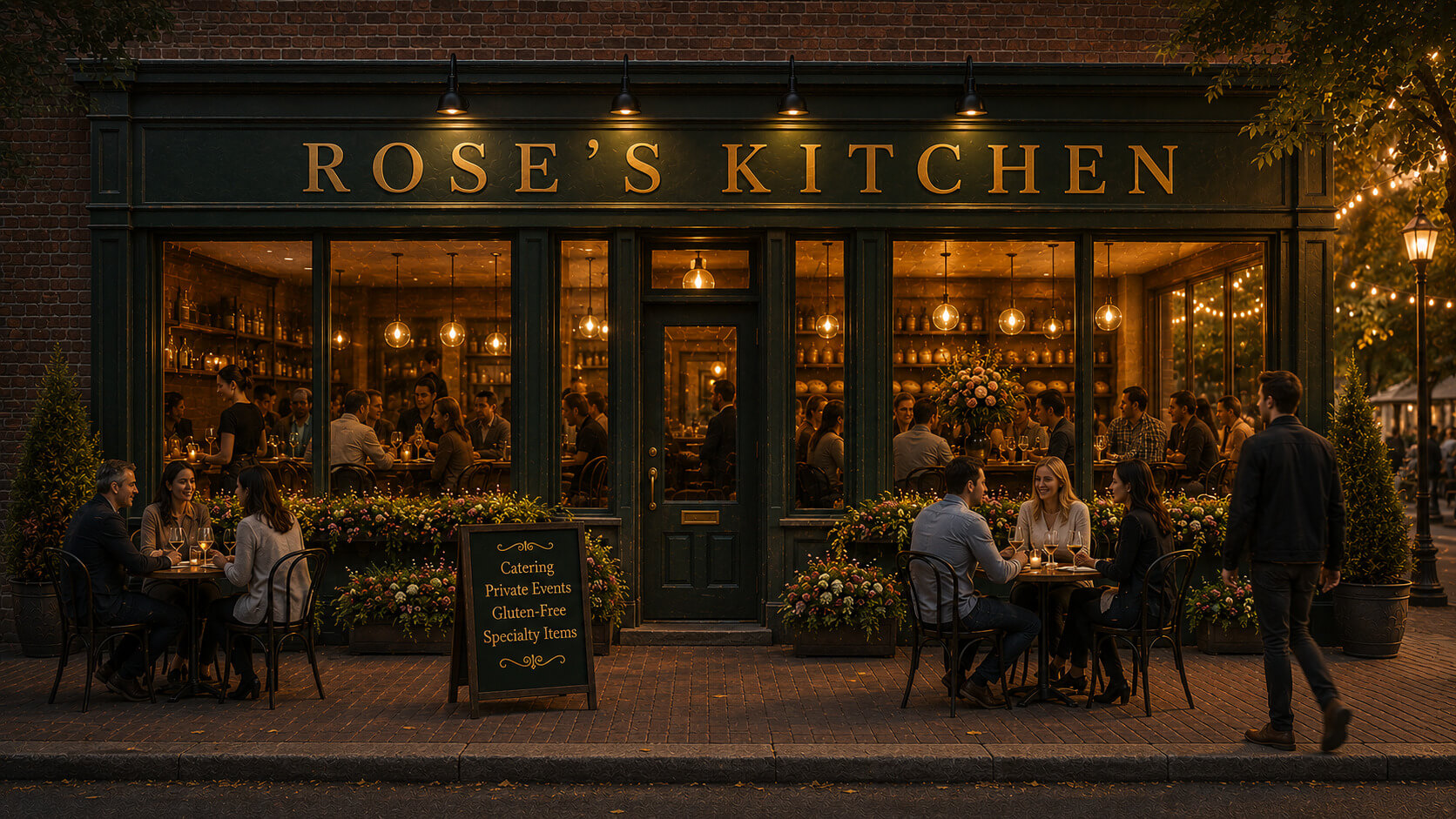 Busy neighborhood café with customers dining inside and outside, representing search marketing strategies that drive visibility and customer engagement.