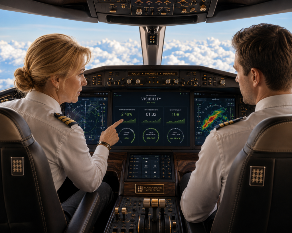 Two pilots review a cockpit dashboard displaying HMG SEO performance metrics, illustrating how data-driven optimization keeps search visibility, engagement, and business growth on course.