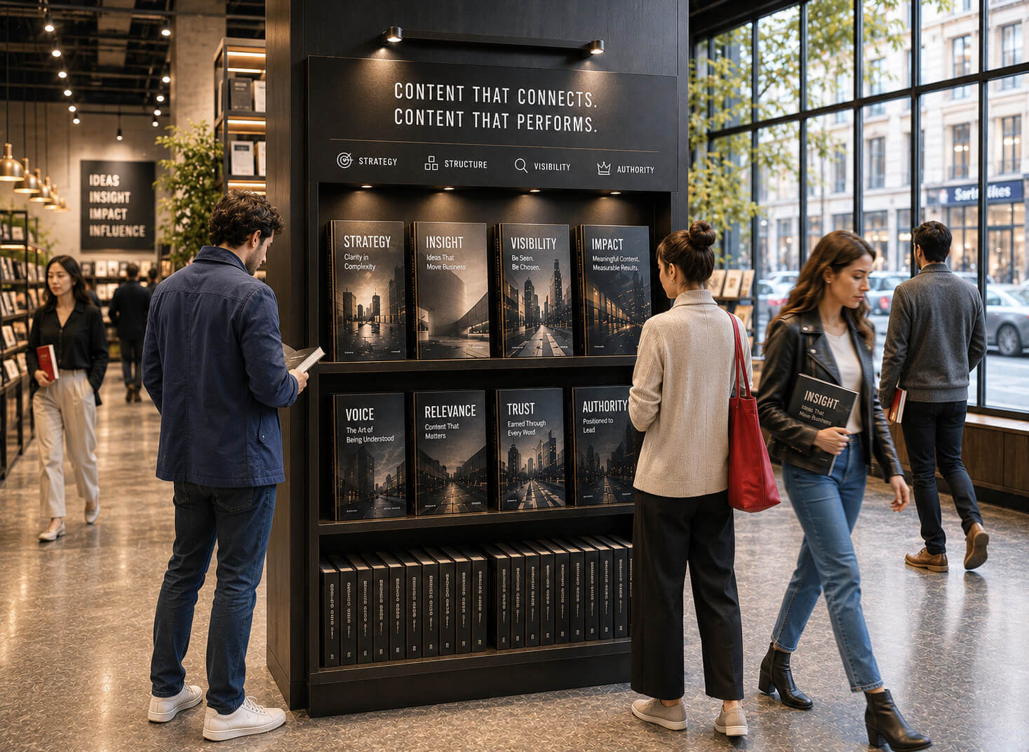 People browsing a modern retail display inside a spacious building with floor-to-ceiling windows and natural light.