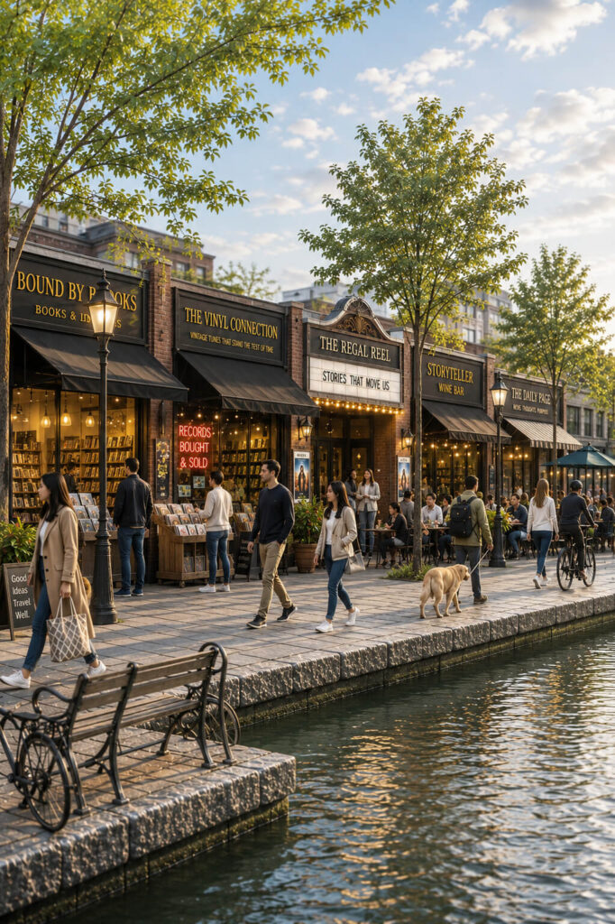Shops and cafés lining a canal promenade with outdoor seating, trees, and people enjoying the waterfront.