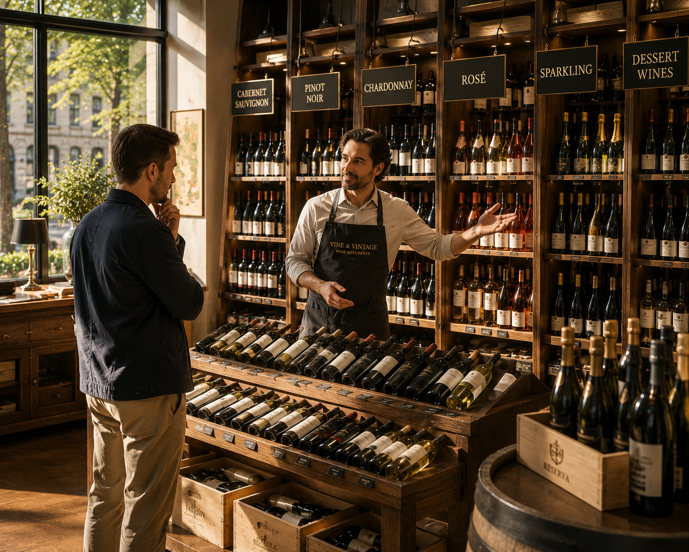 Wine expert guiding a customer through a curated selection, illustrating HMG’s personalized approach to helping clients make informed decisions with confidence.