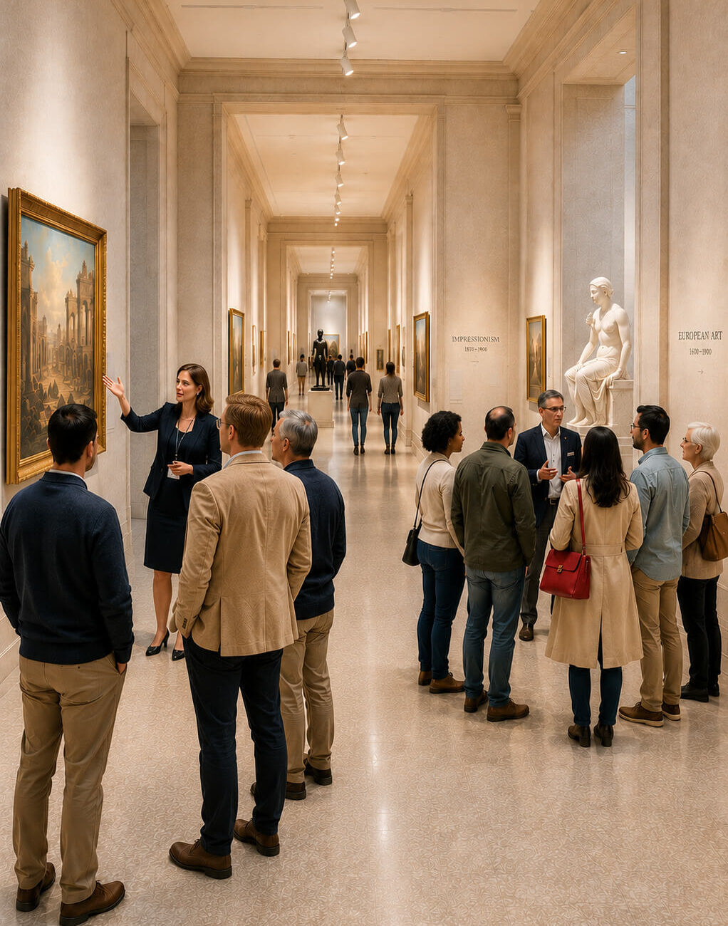 Busy hallway in art museum