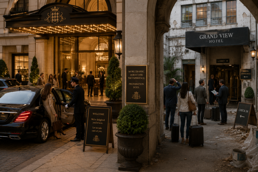 Side-by-side comparison of two hotels shows HMG how exceptional user experience and strong SEO foundations create lasting success, while relying on visibility alone leads visitors to a disappointing experience.