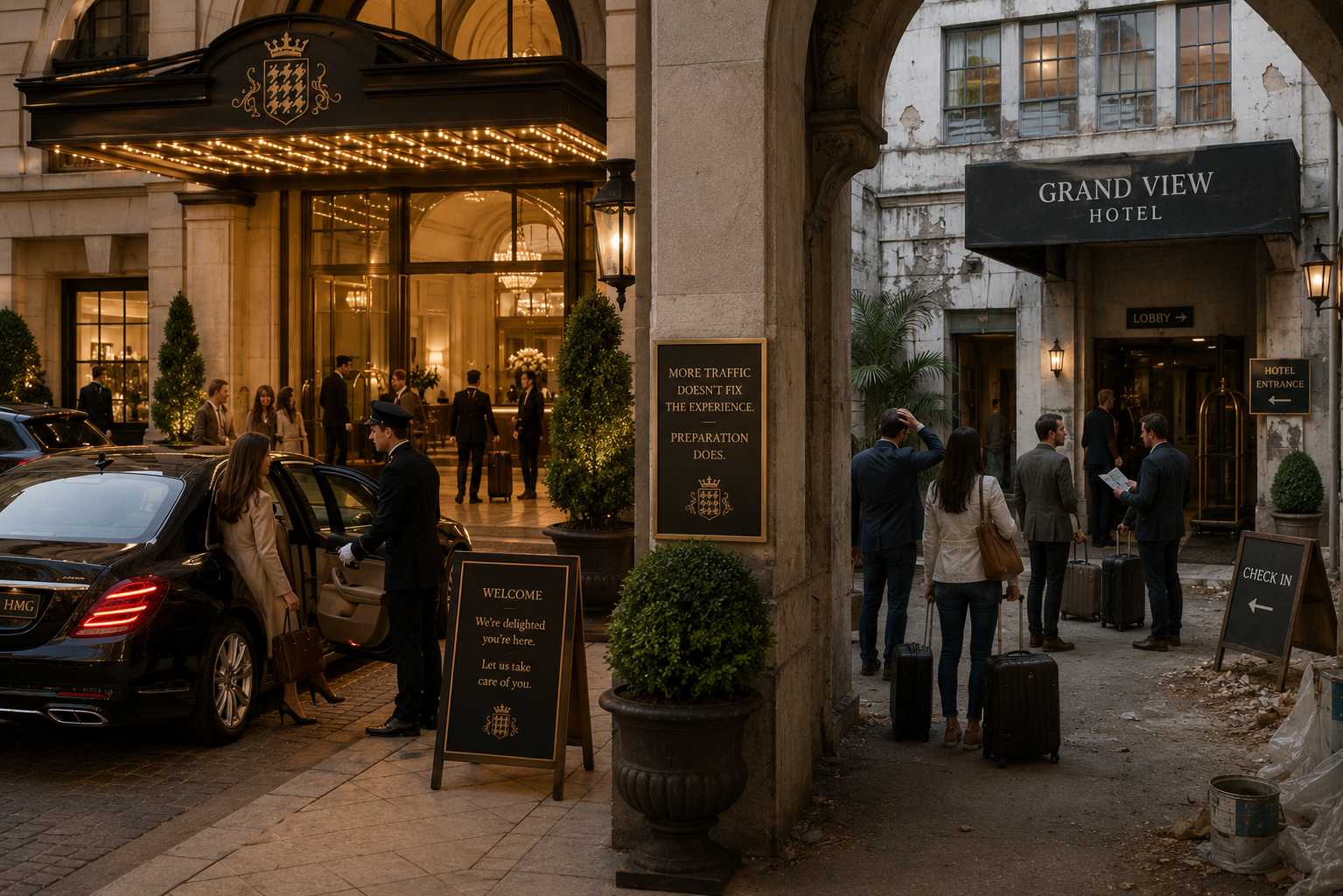 Side-by-side comparison of two hotels shows HMG how exceptional user experience and strong SEO foundations create lasting success, while relying on visibility alone leads visitors to a disappointing experience.
