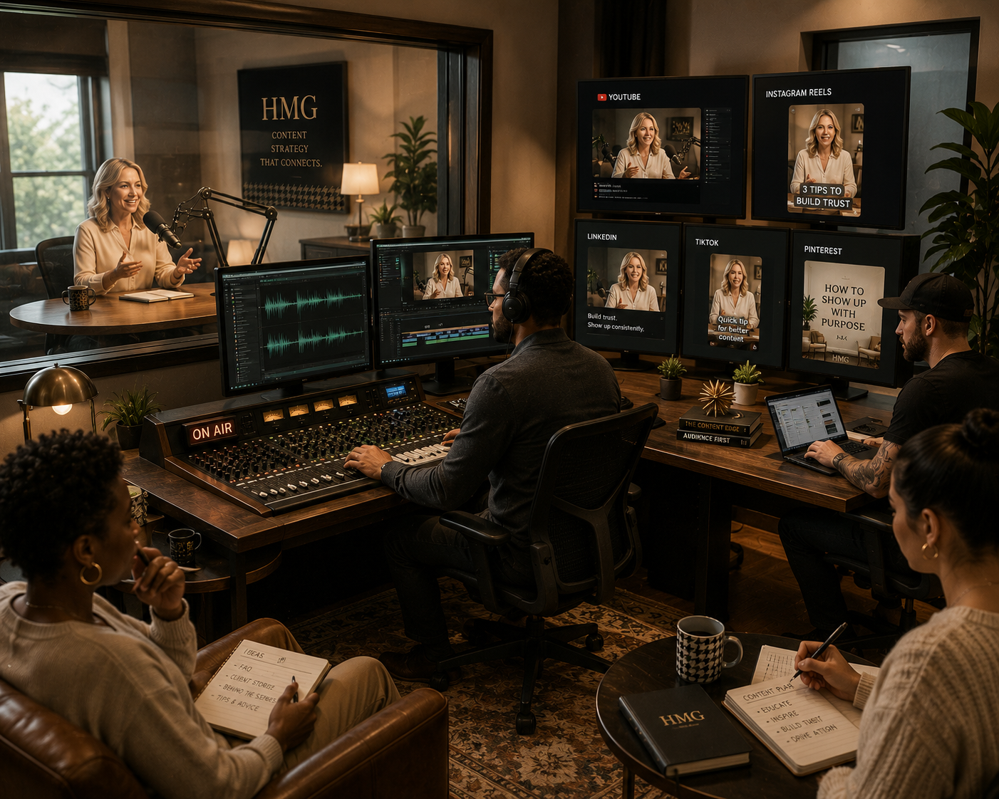 Content team producing and repurposing a video across multiple platforms, illustrating HMG’s strategic approach to creating engaging short-form content that builds audience trust and visibility.