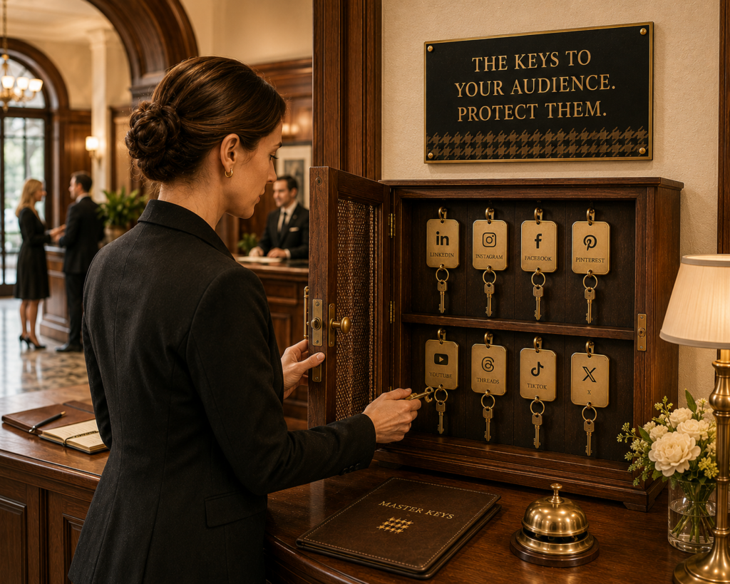 Person selecting keys from a cabinet labeled with social media platforms, illustrating HMG’s strategic approach to securing social media accounts and protecting valuable digital assets.