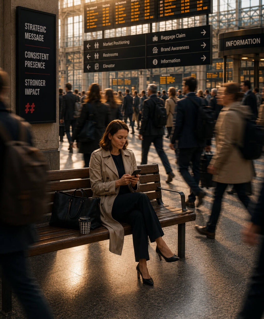 Woman using her phone while seated in a bustling transportation hub filled with moving commuters.