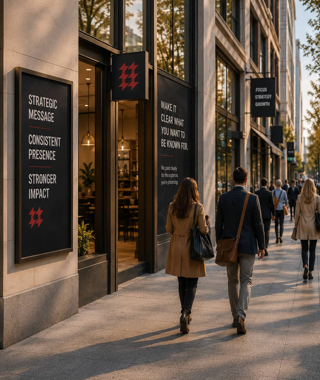People walking past a modern office building with large digital display panels on the exterior.