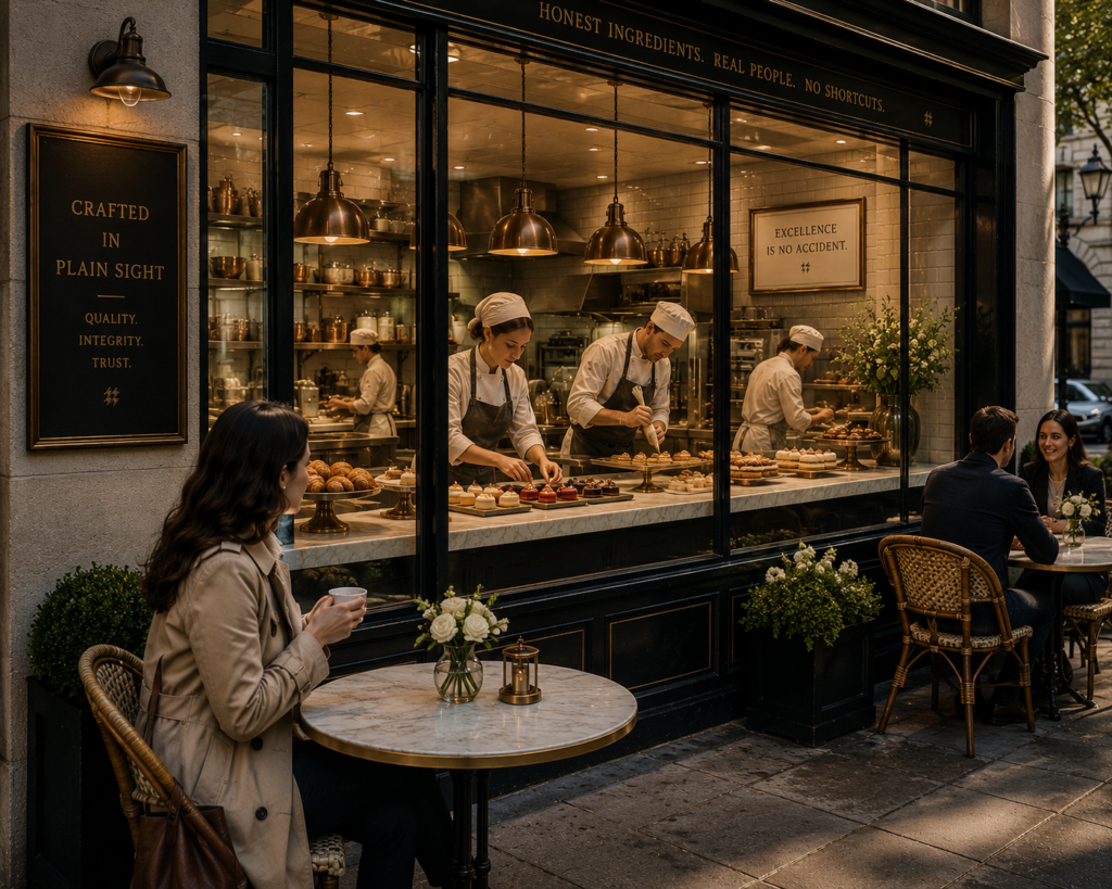 People enjoying a café while chefs prepare food in full view, illustrating HMG’s commitment to transparency, craftsmanship, and building trust through visible expertise.