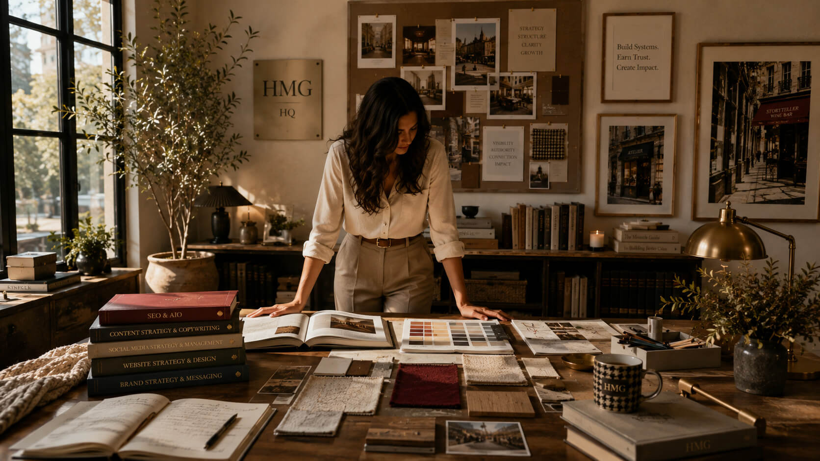 woman stands over desk